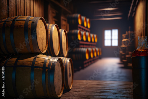 Alcohol barrel room interior. Generative AI Fototapeta