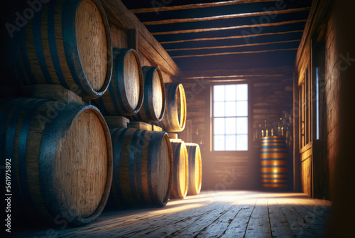 Alcohol barrel room interior. Generative AI © Sunshower Shots