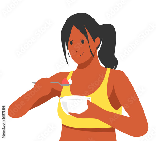 African American girl eating something holding spoon and bowl salads or cereals. concept of health, fit, lifestyle, etc. vector flat style illustration.
