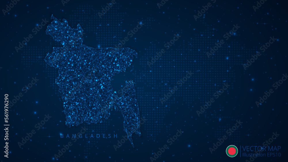 Map of Bangladesh modern design with polygonal shapes on dark blue background. Business wireframe mesh spheres from flying debris. Blue structure style vector illustration concept