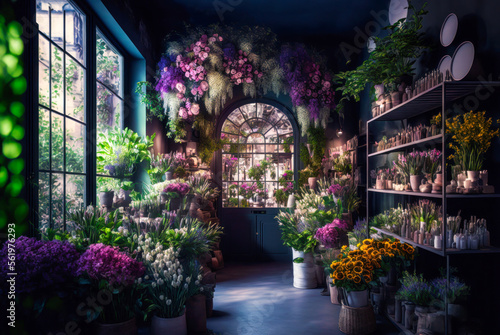 Florist shop interior, purple flowers. Generative AI