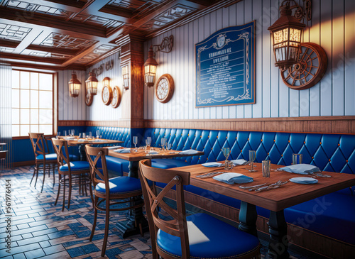 Nautical themed seafood restaurant interior. Generative AI