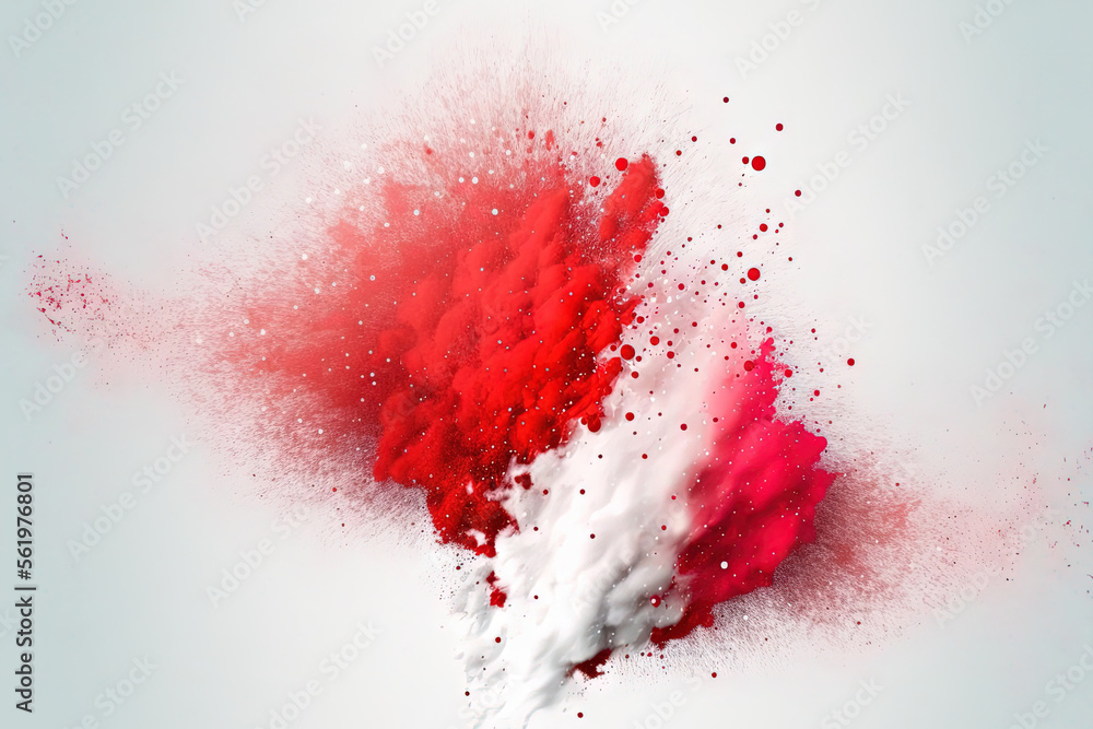 Background of white background with abstract red powder splatter, freeze motion of color powder exploding throwing, and color glitter texture. Generative AI