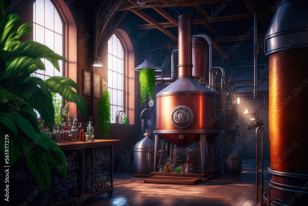 Brewery or distillery interior. Generative AI