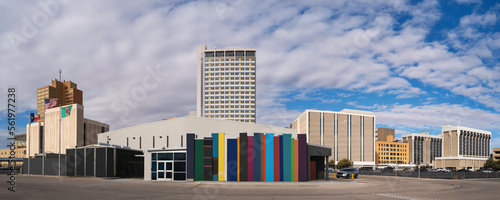 Photography Panoramic Modern Midland Texas city skyline and downtown skyscrapers, dramatic c