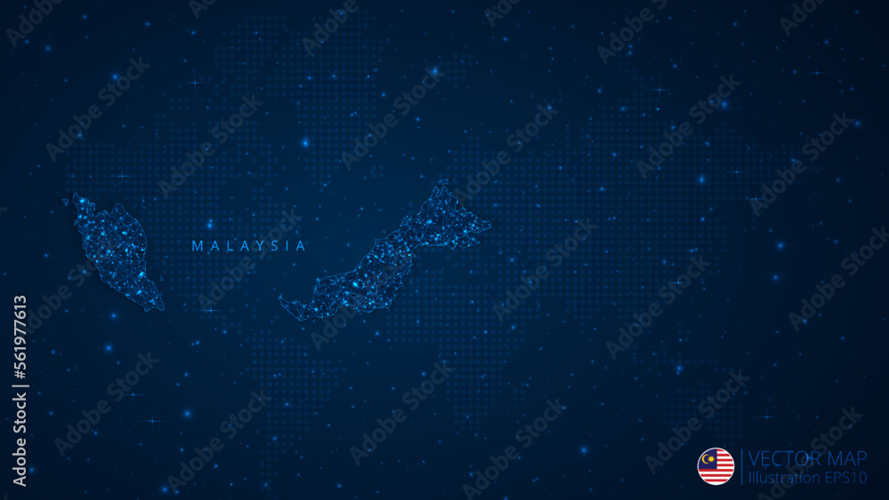 Map of Malaysia modern design with polygonal shapes on dark blue background. Business wireframe mesh spheres from flying debris. Blue structure style vector illustration concept