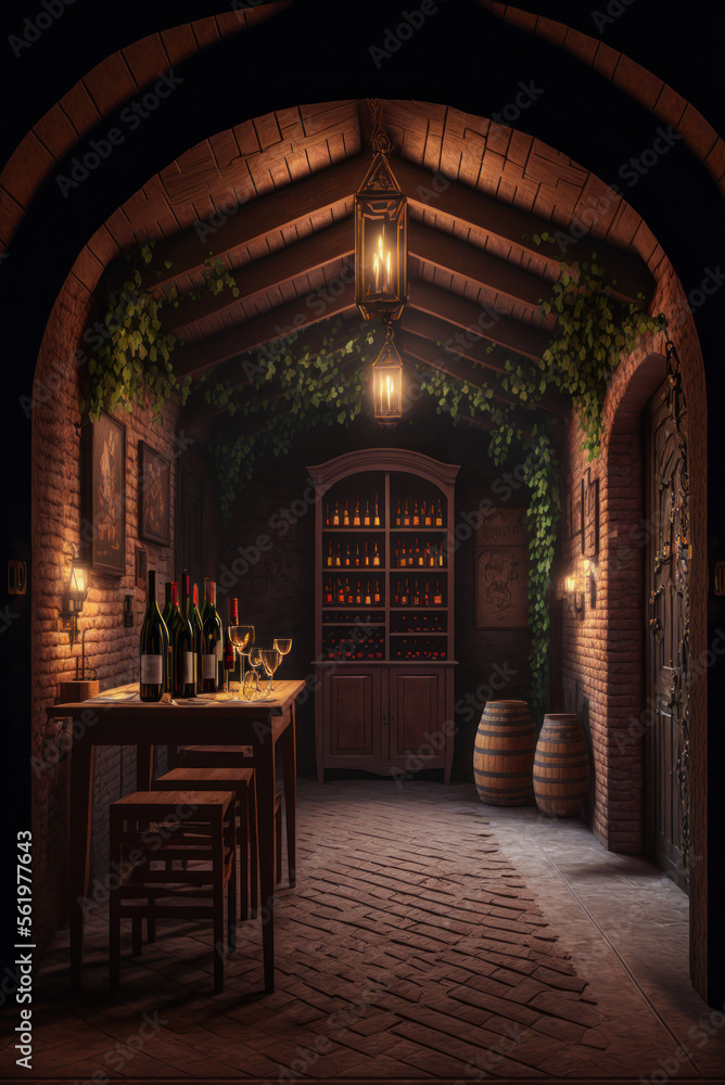 Wine cellar interior, vertical. Generative AI