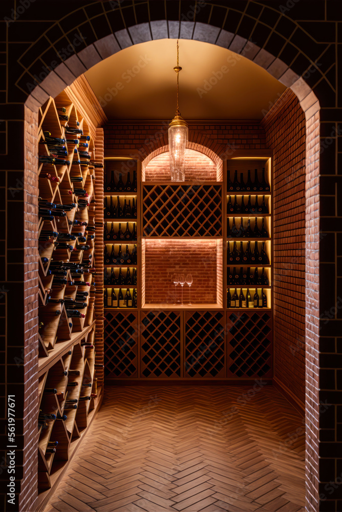 Wine cellar interior, vertical. Generative AI