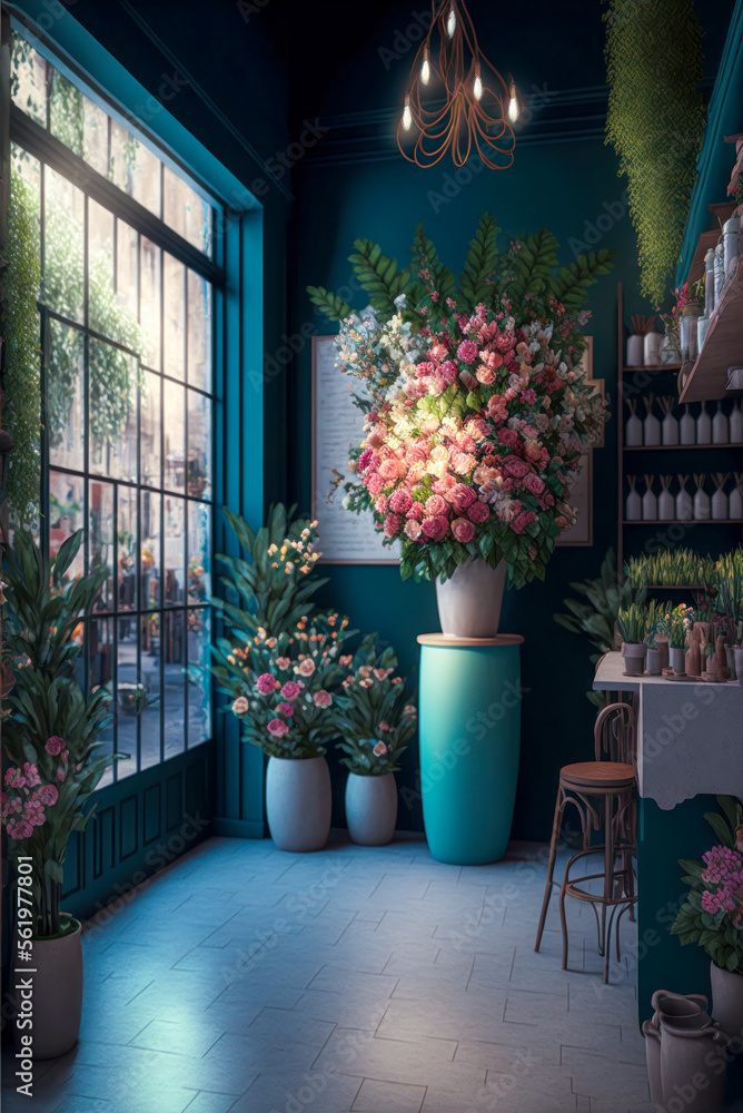 Florist shop interior, vertical, large bouquet. Generative AI