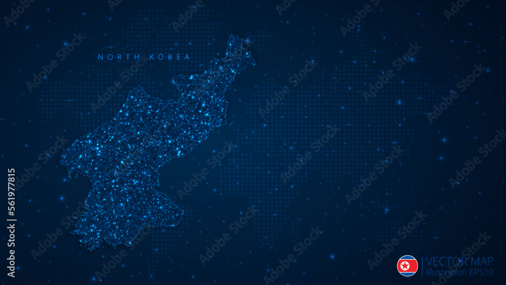 Map of North Korea modern design with polygonal shapes on dark blue background. Business wireframe mesh spheres from flying debris. Blue structure style vector illustration concept