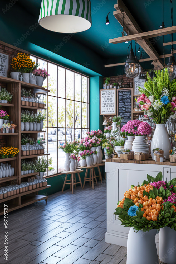 Florist shop interior, vertical, bouquets in white vases. Generative AI