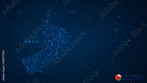Map of Oman modern design with polygonal shapes on dark blue background. Business wireframe mesh spheres from flying debris. Blue structure style vector illustration concept