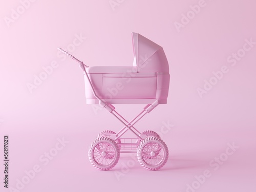 Side view of baby stroller. Baby transport concept idea. Modern Pink Baby Carriage, Stroller, Pram Mock Up in Duotone Style on a pastel pink background. 3d Rendering monochrome illustration. 