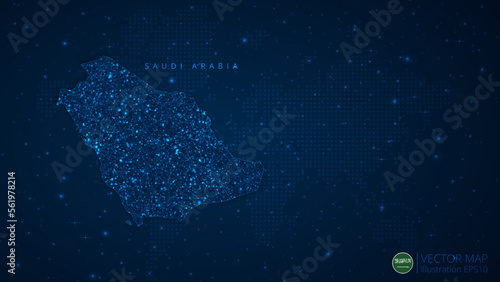 Map of Saudi Arabia modern design with polygonal shapes on dark blue background. Business wireframe mesh spheres from flying debris. Blue structure style vector illustration concept