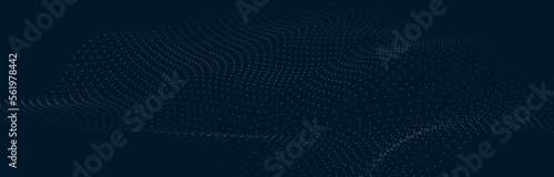 Wave line of flowing particles abstract vector on dark blue background, smooth curvy shape circle dots fluid array. 3d shape dots blended mesh, future technology relaxing wallpaper. AI generated