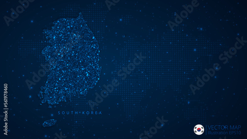 Map of South Korea modern design with polygonal shapes on dark blue background. Business wireframe mesh spheres from flying debris. Blue structure style vector illustration concept