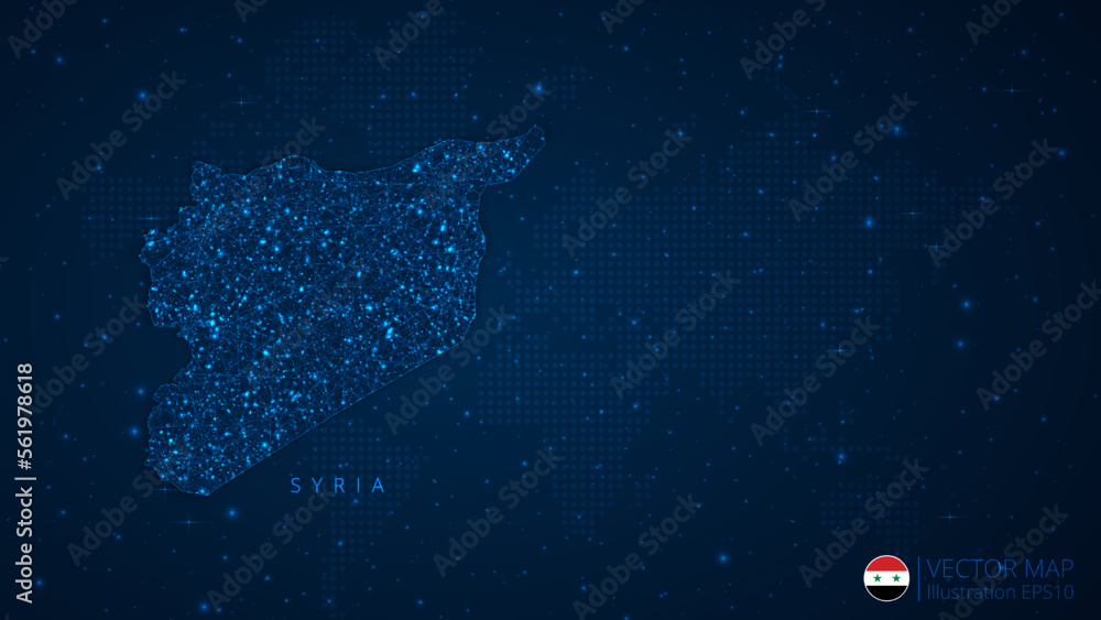 Map of Syria modern design with polygonal shapes on dark blue background. Business wireframe mesh spheres from flying debris. Blue structure style vector illustration concept