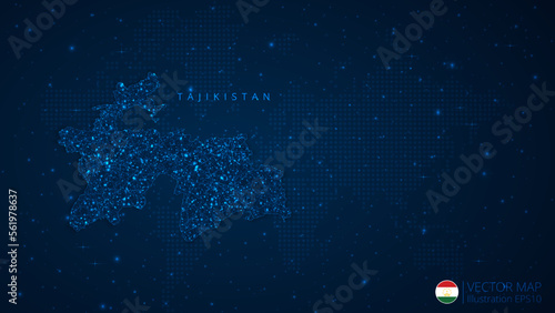 Map of Tajikistan modern design with polygonal shapes on dark blue background. Business wireframe mesh spheres from flying debris. Blue structure style vector illustration concept photo