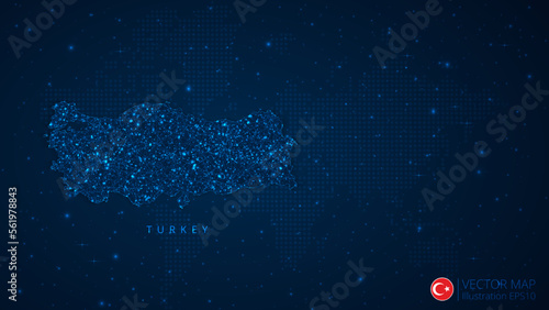 Map of Türkiye modern design with polygonal shapes on dark blue background. Business wireframe mesh spheres from flying debris. Blue structure style vector illustration concept