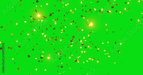 golden heart confetti falling with green screen.