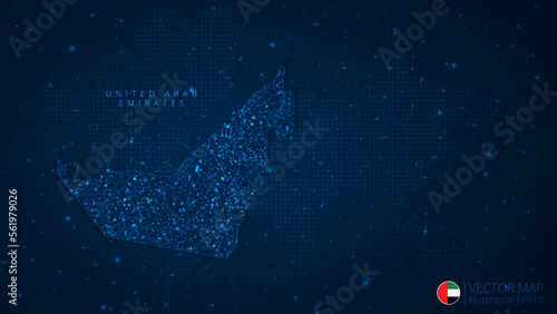 Map of United Arab Emirates modern design with polygonal shapes on dark blue background. Business wireframe mesh spheres from flying debris. Blue structure style vector illustration concept