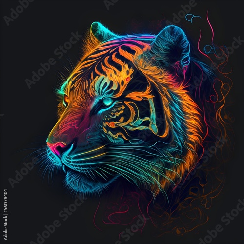 Neon bright portrait of a tiger.