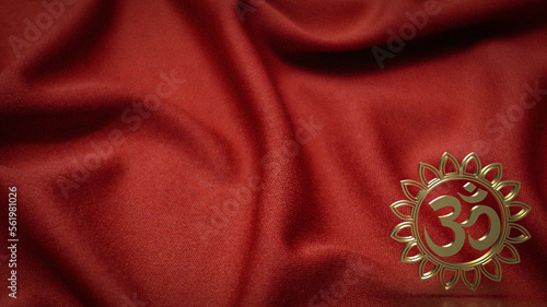 The gold ohm hindu symbol on red silk for background concept 3d rendering.