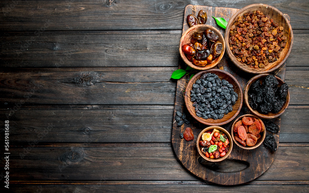 Assortment of different kinds of dried fruits in bowls. Assortment of different kinds of dried fruits in bowls.