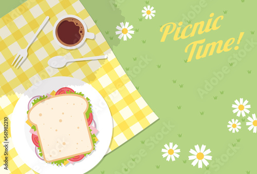vector background with a sandwich, coffee on a picnic blanket for banners, cards, flyers, social media wallpapers, etc.