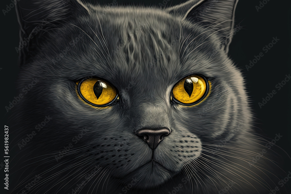 close up of a gray cat with yellow eyes. Generative AI