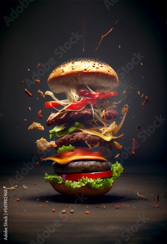 Beef Cheese Burger explosion | Food photography for menu | Ai Generative | Cheese explosion | Hot sizzling burger isolated on a white background | Hyper realistic