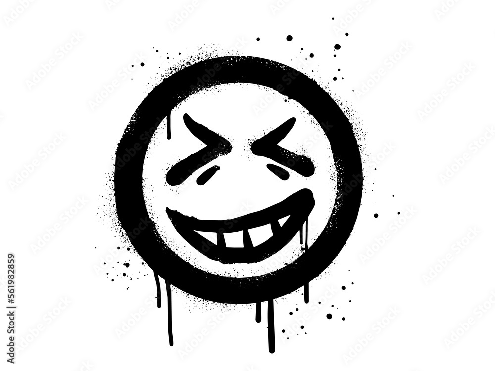 smiling face emoji character. Spray painted graffiti smile face in black over white. isolated on