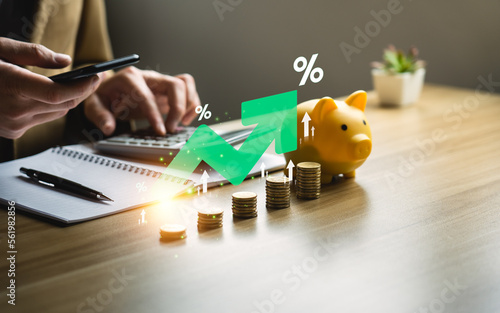 higher interest rates and dividends, pile of coins and percentage of company profits. saving money for Invest in growth and pay out dividends, cash reserves.compensation fund for retirement photo