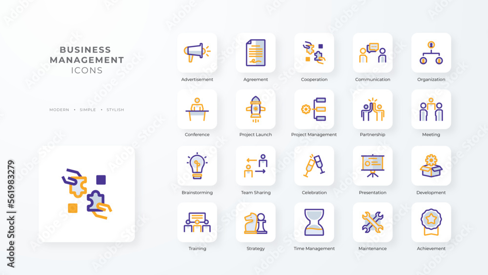 Business management icon collection with purple and orange duotone style. Corporate, currency, database, development, discover, document, e commerce. Vector illustration