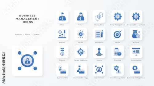 Business management icon collection with blue duotone style. Corporate, currency, database, development, discover, document, e commerce. Vector illustration