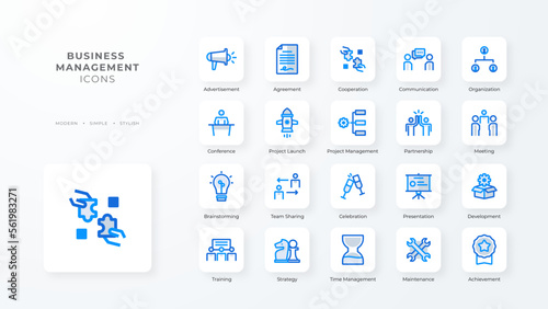 Business management icon collection with blue duotone style. Corporate, currency, database, development, discover, document, e commerce. Vector illustration © SkyPark