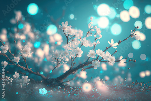 A magical landscape featuring white cherry blossoms and enchanted sparks. Stunning springtime landscape background Light blue tone applied to the photo. Text space for copy. Generative AI
