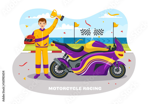 Motorcycle Racing Championship on the Racetrack Illustration with Racer Riding Motor for Landing Page in Flat Cartoon Hand Drawn Templates