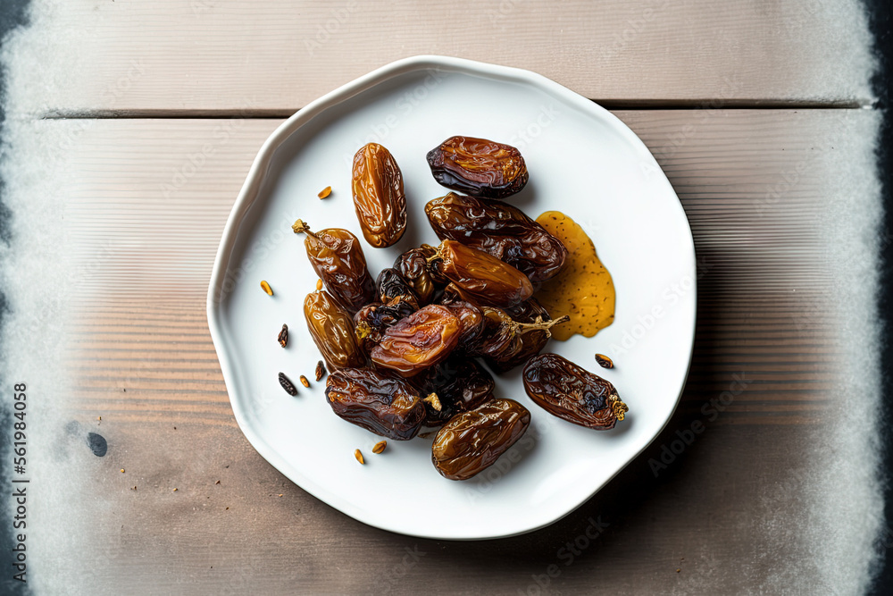 Pitted dates on a plate with a white wooden background. a top view. Generative AI Pitted dates on a plate with a white wooden background. a top view. Generative AI