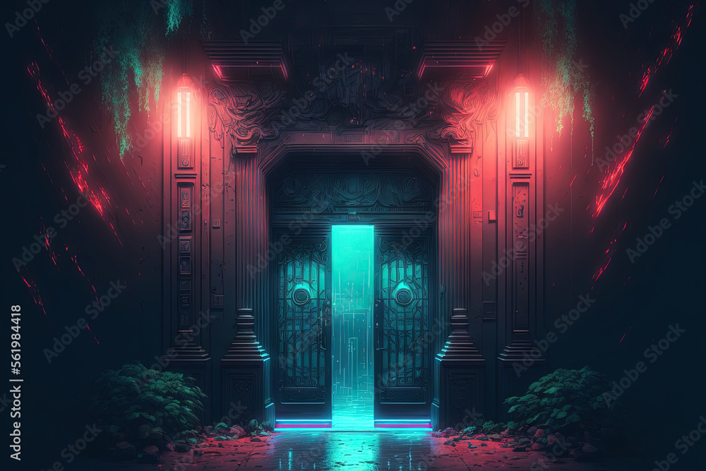 Neon lights and gates on the old building's wall in a street in a future metropolis. illustration. Cyberpunk styled scene of a beautiful night. gloomy metropolitan environment. Generative AI