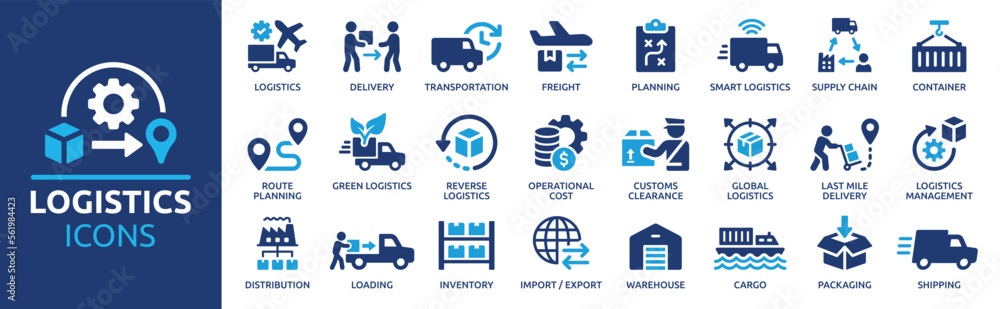 Fototapeta premium Logistics icon set. Containing distribution, shipping, transportation, delivery, cargo, freight, route planning, supply chain, export and import icons. Solid icon collection.
