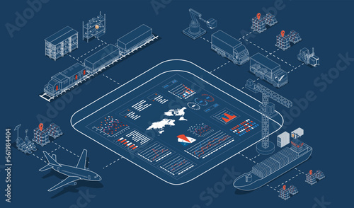 3D isometric Global logistics network concept with Transportation operation service, Supply Chain Management - SCM, Company Logistics Processes. Vector illustration EPS 10