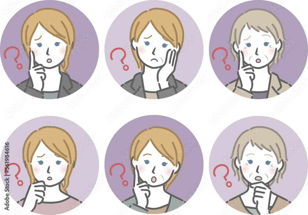 疑問に思う白人女性の丸アイコンセット