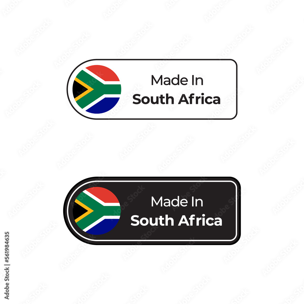 Made in South Africa labels design set with flag and text in two different styles Made in South Africa labels design set with flag and text in two different styles