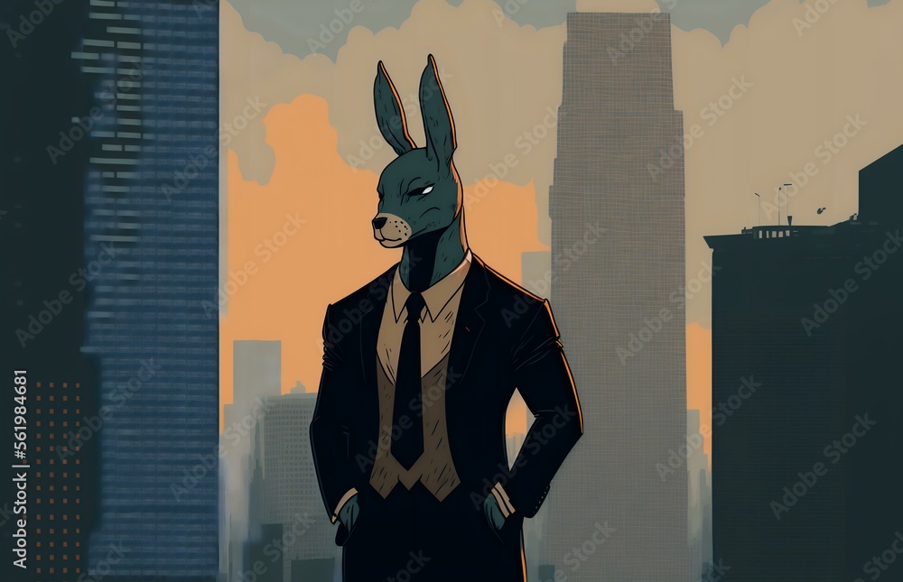 rabbit wearing a suit and standing in front of a skyscraper ...
