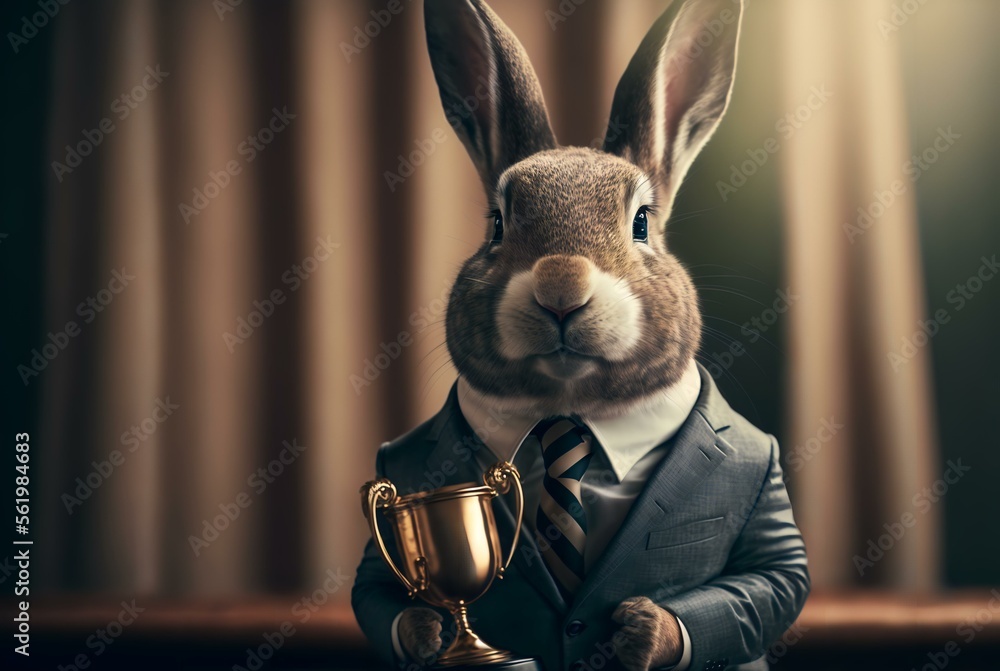 rabbit wearing a suit and holding a trophy, representing the rewards ...