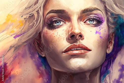 digital painting of a close up watercolor portrait of a fantasy female. Generative AI