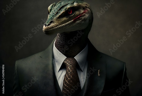 close-up of a snake wearing a tailored suit, its head held high, symbolising confidence and power (AI Generated)