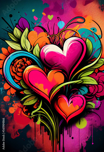 Illustration of colorful hearts and flowers painted in graffiti style. valentine day background idea  cool wallpaper - Generative AI Illustration