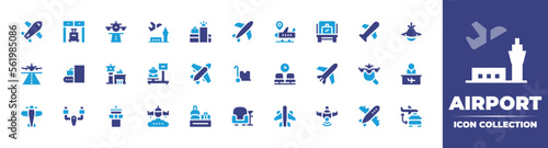 Airport icon collection. Duotone color. Vector illustration. Containing airplane, security gate, landing, airport, checkpoint, plane, security control, baggage, scale, luggage cart, waiting, and more.